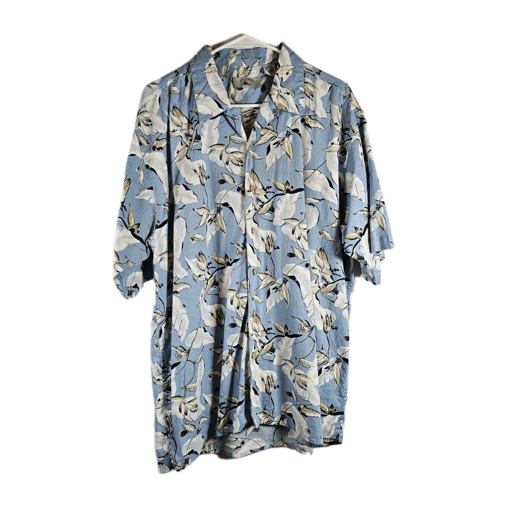 Foliage Mens XL‎ Tropical Linen Blend Hawaiian Camp Men's Shirt Blue